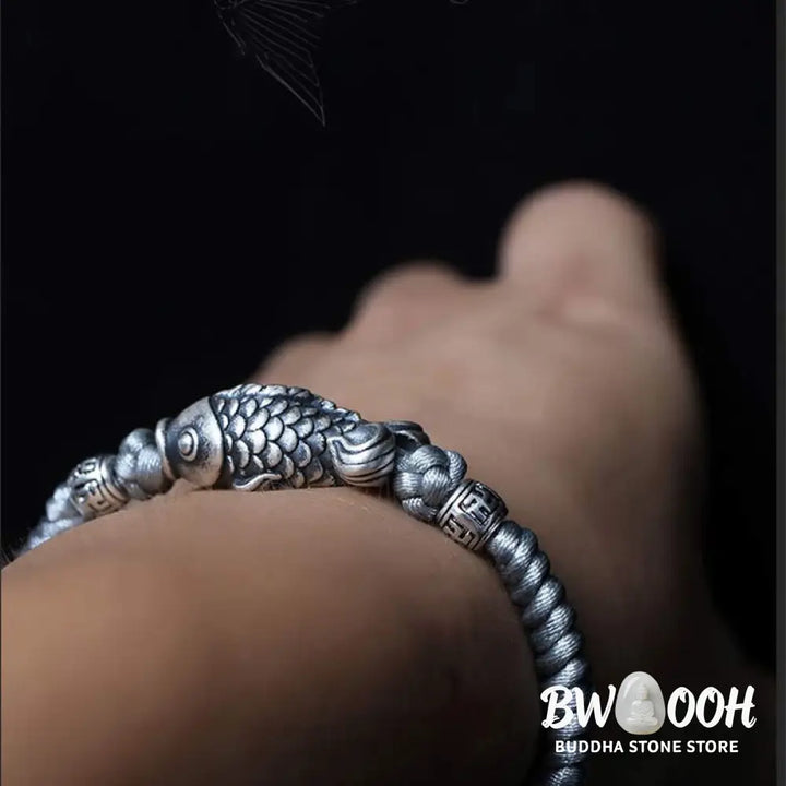 Buddha Stones Silver Luck Koi Fish Braided String Bracelet - BWOOOH - Bracelet