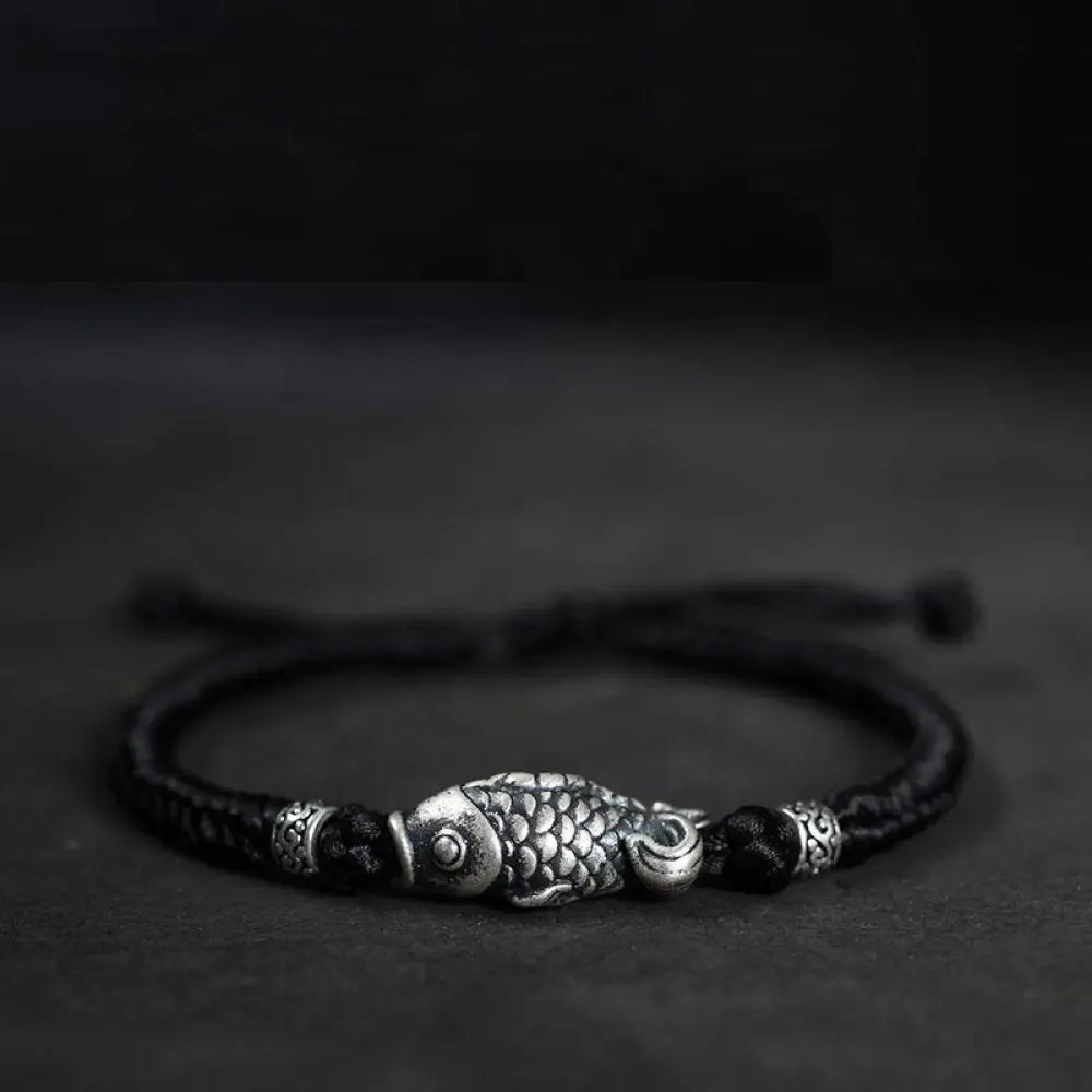 Buddha Stones Silver Luck Koi Fish Braided String Bracelet - BWOOOH - Black(Wrist Circumference 14-20cm) - Bracelet