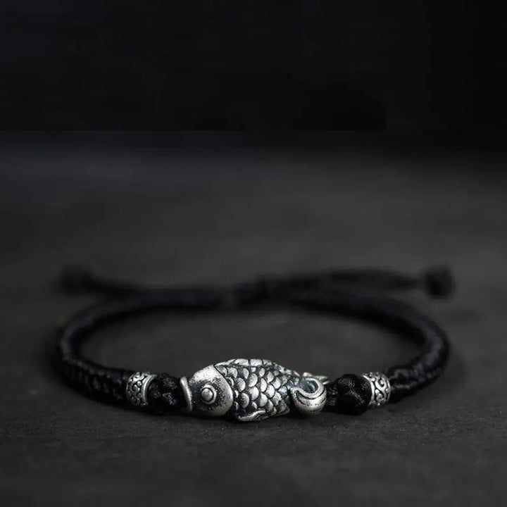 Buddha Stones Silver Luck Koi Fish Braided String Bracelet - BWOOOH - Black(Wrist Circumference 14-20cm) - Bracelet