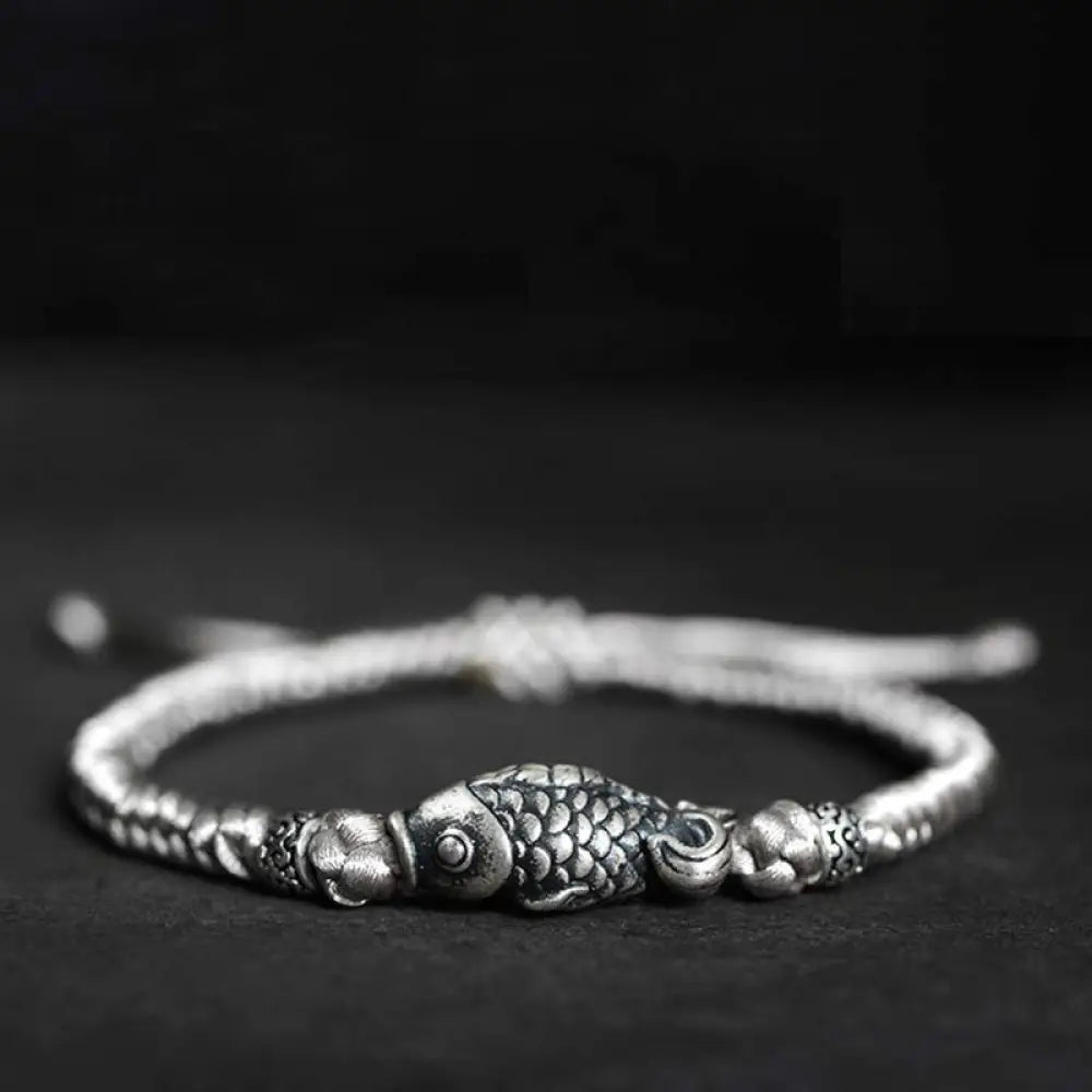Buddha Stones Silver Luck Koi Fish Braided String Bracelet - BWOOOH - Gray(Wrist Circumference 14-20cm) - Bracelet