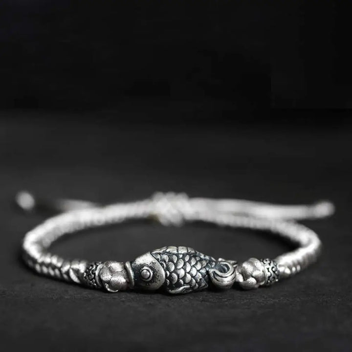 Buddha Stones Silver Luck Koi Fish Braided String Bracelet - BWOOOH - Gray(Wrist Circumference 14-20cm) - Bracelet