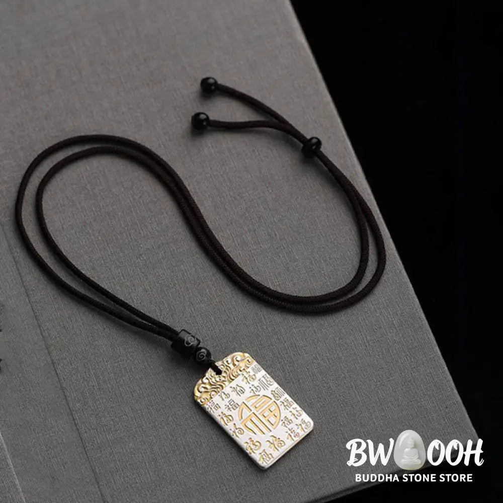 Buddha Stones Silver Plated Copper Fu Character Auspicious Clouds Luck Fortune Rope Necklace Pendant - BWOOOH - Fu
