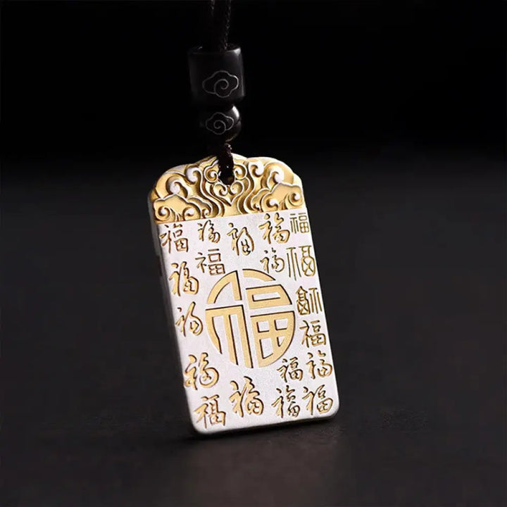 Buddha Stones Silver Plated Copper Fu Character Auspicious Clouds Luck Fortune Rope Necklace Pendant - BWOOOH - Fu