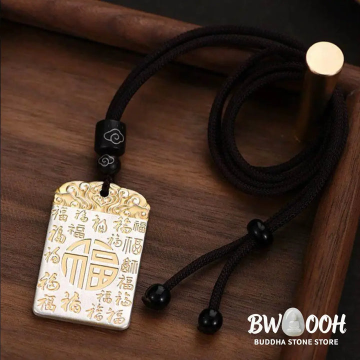 Buddha Stones Silver Plated Copper Fu Character Auspicious Clouds Luck Fortune Rope Necklace Pendant - BWOOOH - Fu