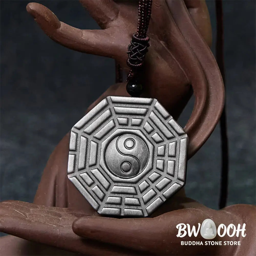 Buddha Stones Silver Sheen Obsidian Bagua Yin Yang Symbol Protection Necklace Pendant - BWOOOH - Silver Sheen Obsidian