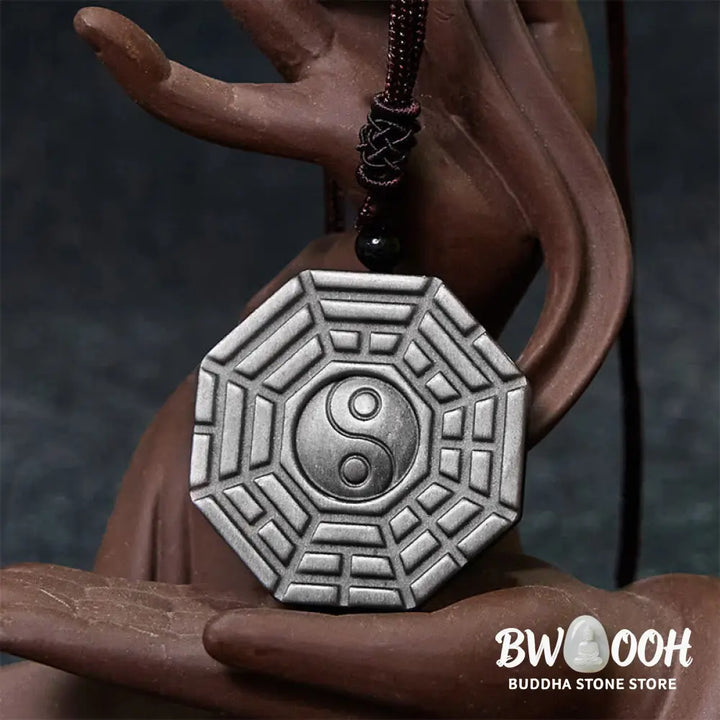Buddha Stones Silver Sheen Obsidian Bagua Yin Yang Symbol Protection Necklace Pendant - BWOOOH - Silver Sheen Obsidian