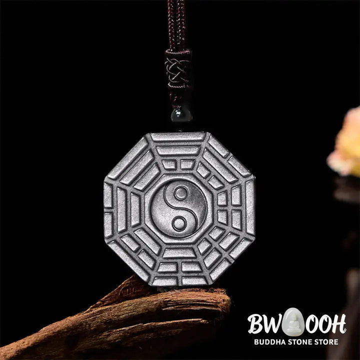 Buddha Stones Silver Sheen Obsidian Bagua Yin Yang Symbol Protection Necklace Pendant - BWOOOH - Silver Sheen Obsidian