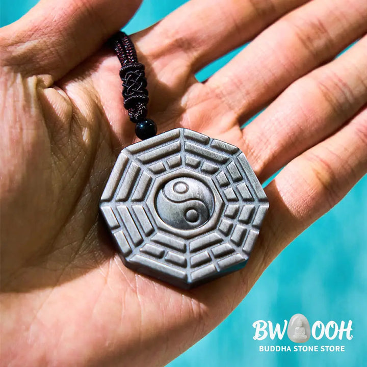 Buddha Stones Silver Sheen Obsidian Bagua Yin Yang Symbol Protection Necklace Pendant - BWOOOH - Silver Sheen Obsidian