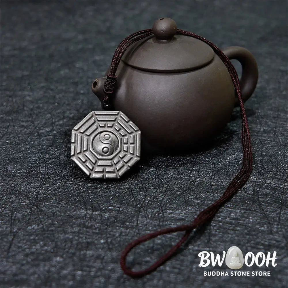 Buddha Stones Silver Sheen Obsidian Bagua Yin Yang Symbol Protection Necklace Pendant - BWOOOH - Silver Sheen Obsidian