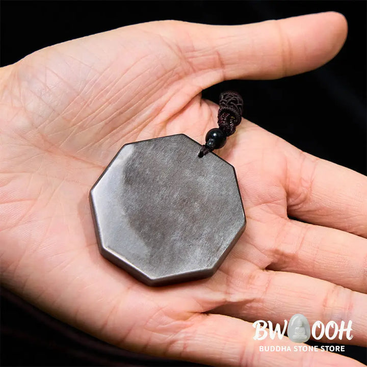 Buddha Stones Silver Sheen Obsidian Bagua Yin Yang Symbol Protection Necklace Pendant - BWOOOH - Silver Sheen Obsidian