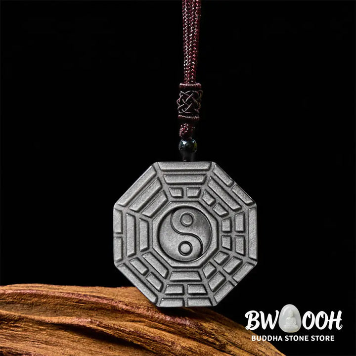 Buddha Stones Silver Sheen Obsidian Bagua Yin Yang Symbol Protection Necklace Pendant - BWOOOH - Silver Sheen Obsidian