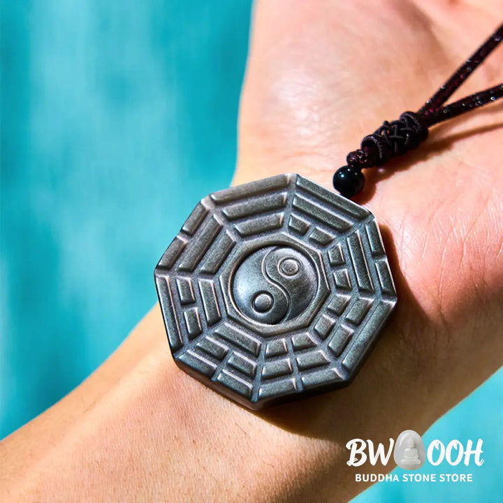 Buddha Stones Silver Sheen Obsidian Bagua Yin Yang Symbol Protection Necklace Pendant - BWOOOH - Silver Sheen Obsidian