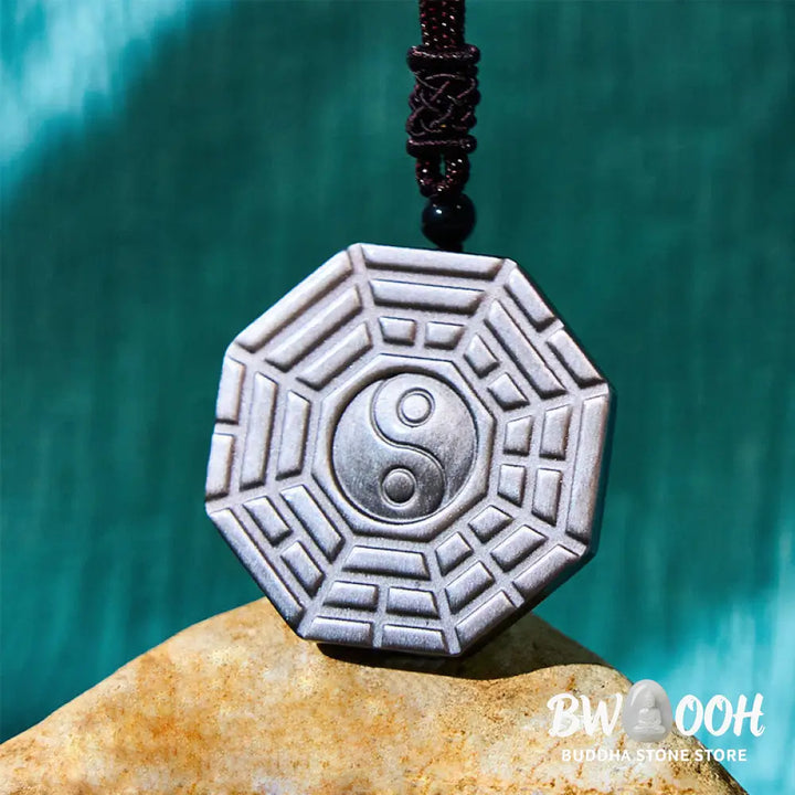 Buddha Stones Silver Sheen Obsidian Bagua Yin Yang Symbol Protection Necklace Pendant - BWOOOH - Silver Sheen Obsidian