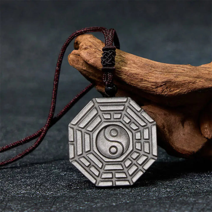 Buddha Stones Silver Sheen Obsidian Bagua Yin Yang Symbol Protection Necklace Pendant - BWOOOH - Silver Sheen Obsidian