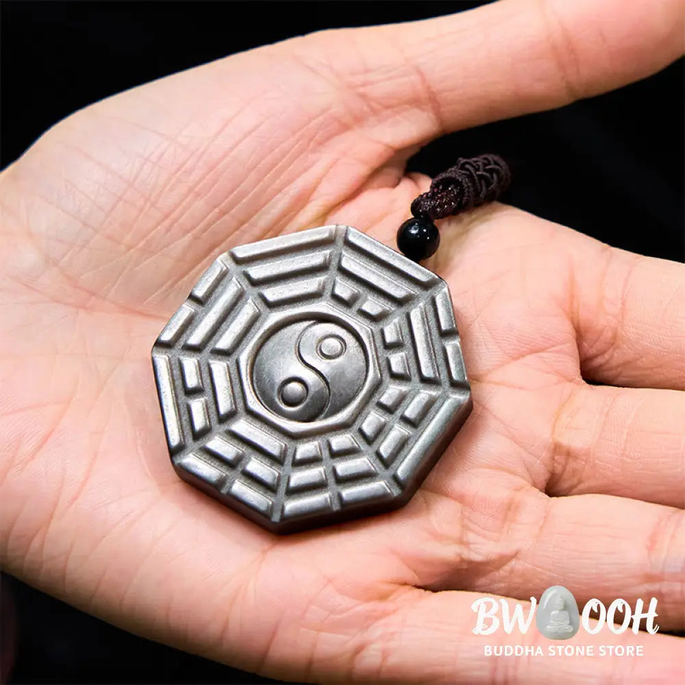 Buddha Stones Silver Sheen Obsidian Bagua Yin Yang Symbol Protection Necklace Pendant - BWOOOH - Silver Sheen Obsidian