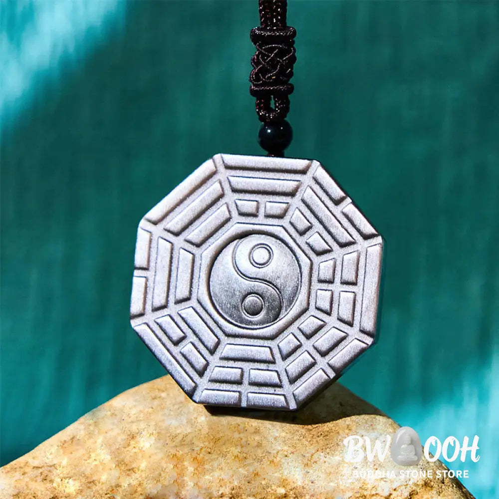 Buddha Stones Silver Sheen Obsidian Bagua Yin Yang Symbol Protection Necklace Pendant - BWOOOH - Silver Sheen Obsidian