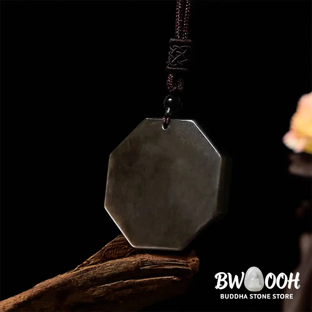 Buddha Stones Silver Sheen Obsidian Bagua Yin Yang Symbol Protection Necklace Pendant - BWOOOH - Silver Sheen Obsidian