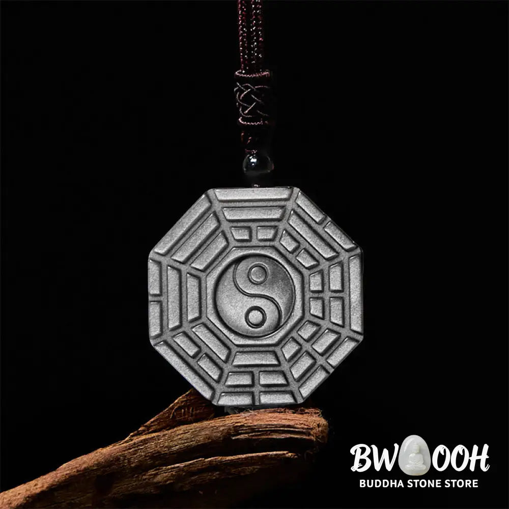 Buddha Stones Silver Sheen Obsidian Bagua Yin Yang Symbol Protection Necklace Pendant - BWOOOH - Silver Sheen Obsidian