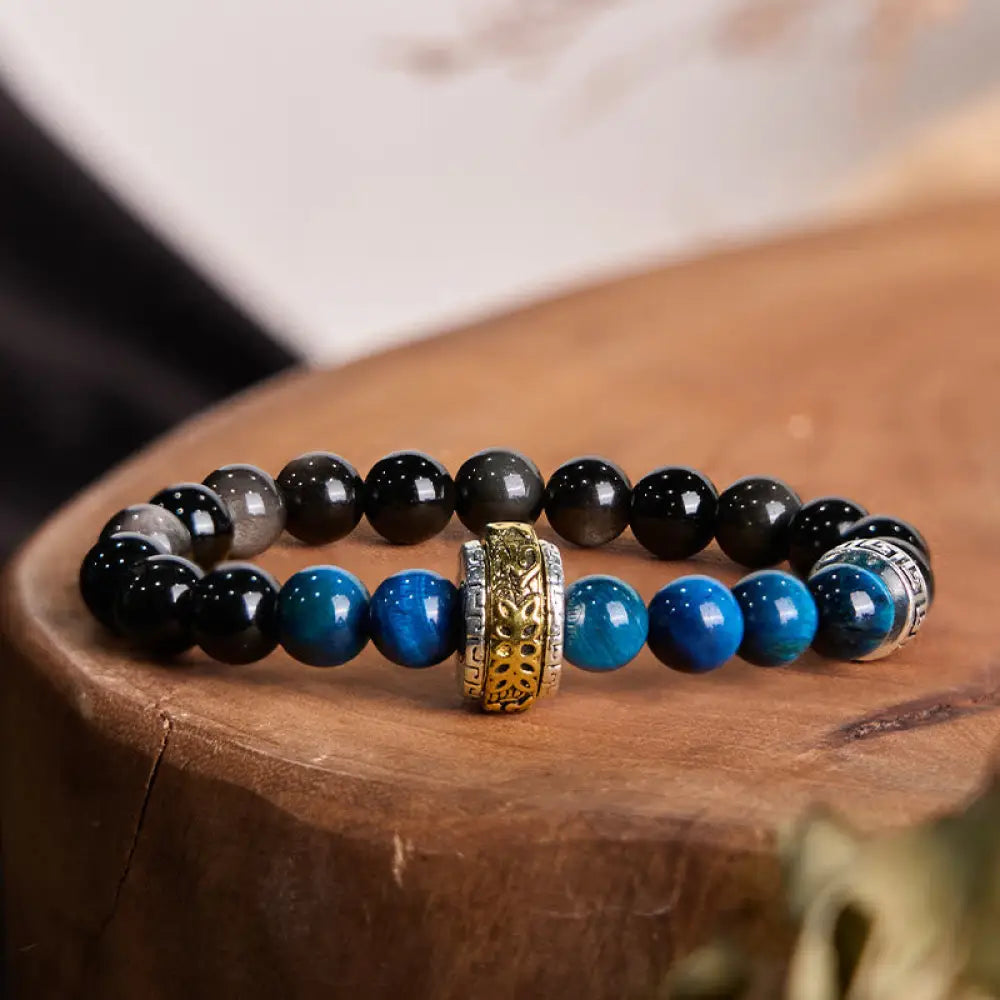 BWOOOH Silver Sheen Obsidian Blue Tiger Eye Om Mani Padme Hum Protection Bracelet — Obsidian black obsidian bracelet for s...
