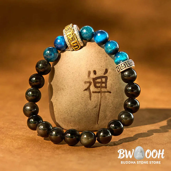 Buddha Stones Silver Sheen Obsidian Blue Tiger Eye Om Mani Padme Hum Protection Bracelet - BWOOOH - Silver Sheen