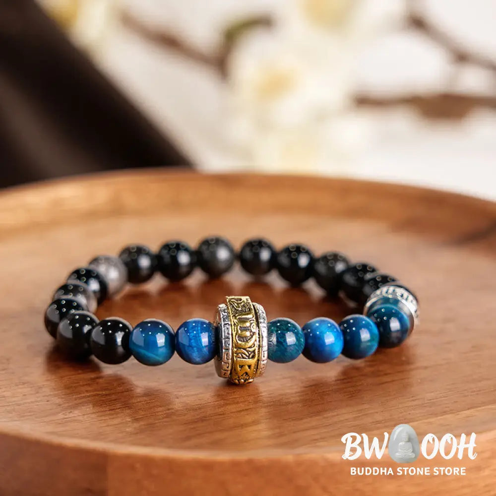 Buddha Stones Silver Sheen Obsidian Blue Tiger Eye Om Mani Padme Hum Protection Bracelet - BWOOOH - Silver Sheen