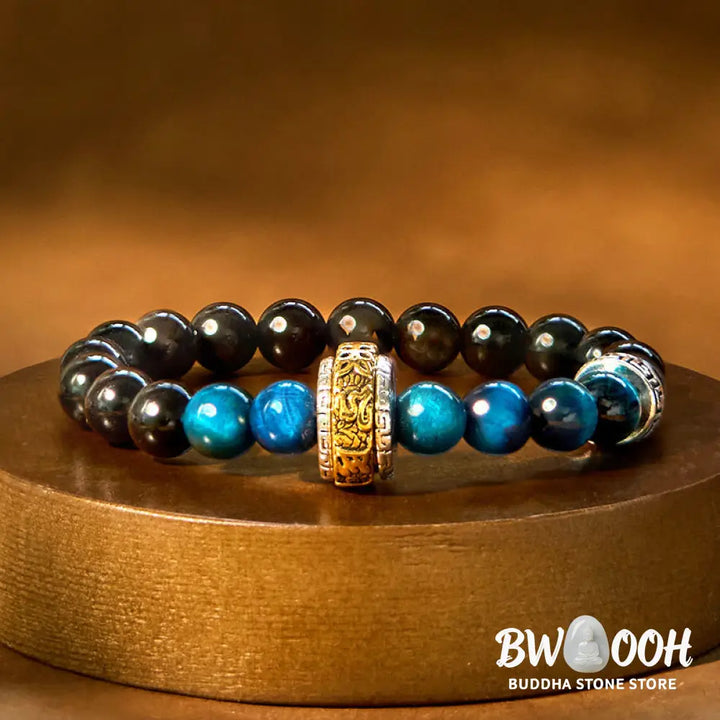 Buddha Stones Silver Sheen Obsidian Blue Tiger Eye Om Mani Padme Hum Protection Bracelet - BWOOOH - Silver Sheen