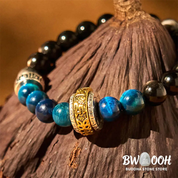 Buddha Stones Silver Sheen Obsidian Blue Tiger Eye Om Mani Padme Hum Protection Bracelet - BWOOOH - Silver Sheen