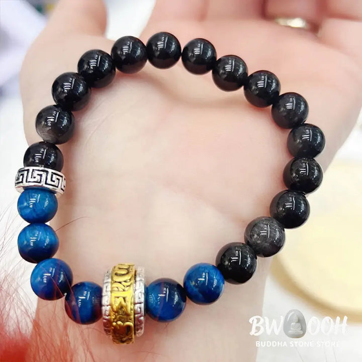 Buddha Stones Silver Sheen Obsidian Blue Tiger Eye Om Mani Padme Hum Protection Bracelet - BWOOOH - Silver Sheen