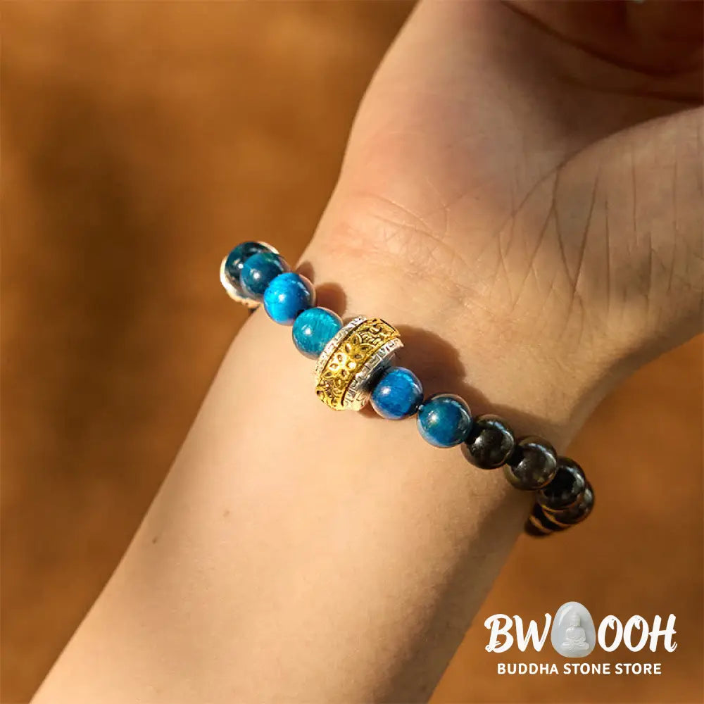 Buddha Stones Silver Sheen Obsidian Blue Tiger Eye Om Mani Padme Hum Protection Bracelet - BWOOOH - Silver Sheen