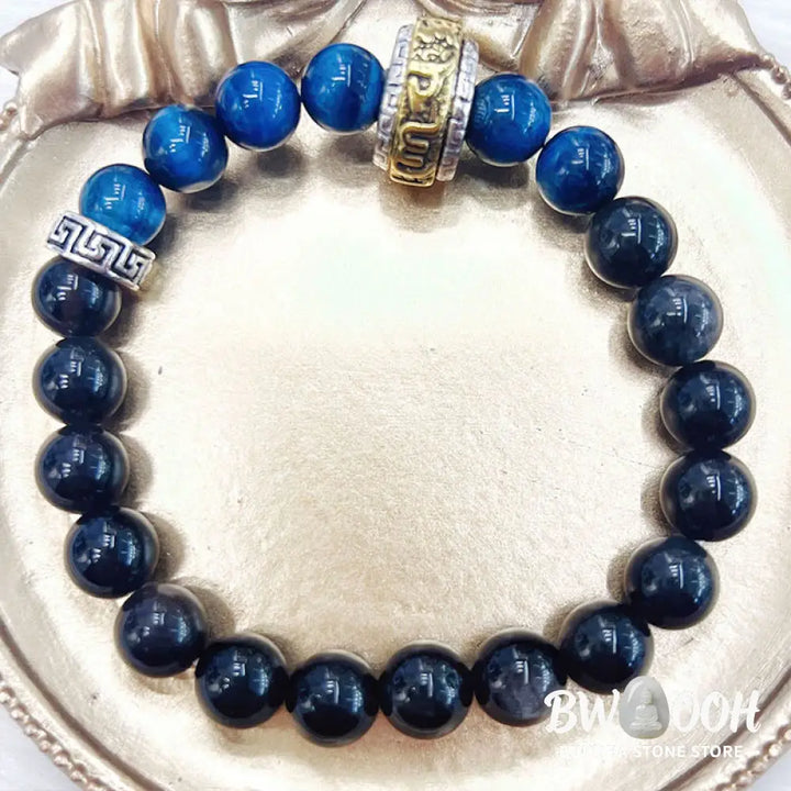 Buddha Stones Silver Sheen Obsidian Blue Tiger Eye Om Mani Padme Hum Protection Bracelet - BWOOOH - Silver Sheen