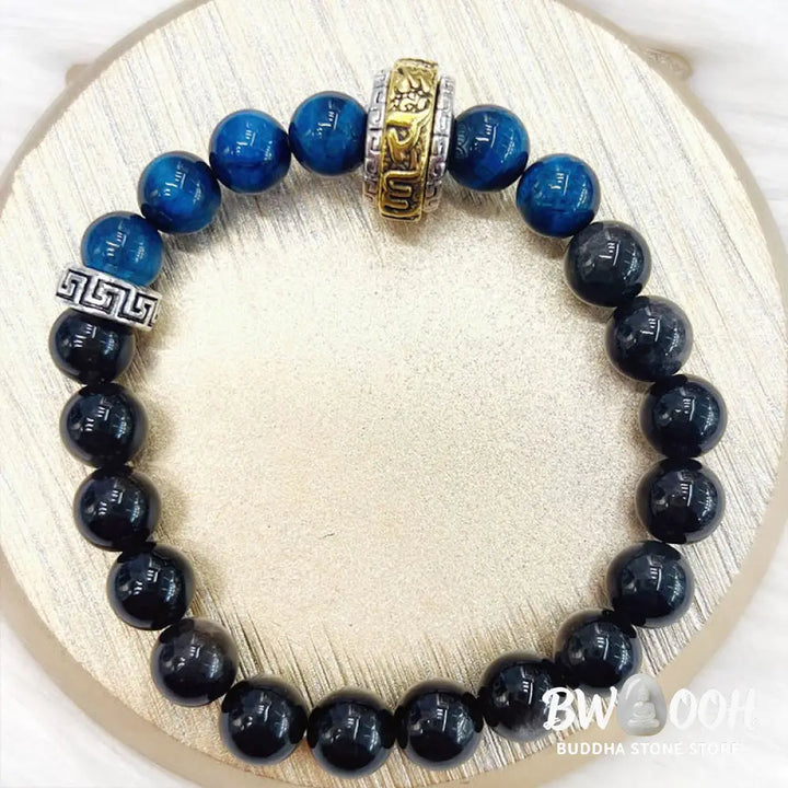 Buddha Stones Silver Sheen Obsidian Blue Tiger Eye Om Mani Padme Hum Protection Bracelet - BWOOOH - Silver Sheen
