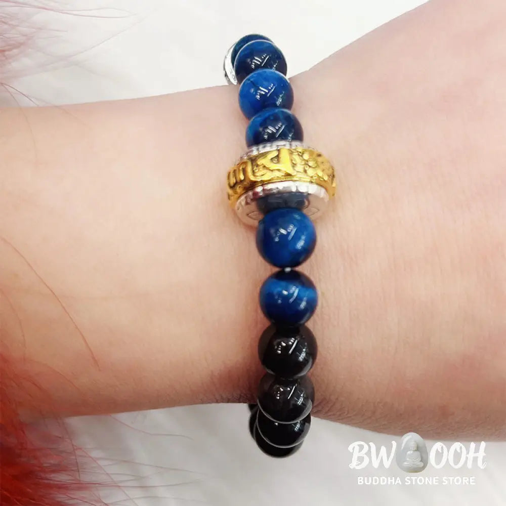 Buddha Stones Silver Sheen Obsidian Blue Tiger Eye Om Mani Padme Hum Protection Bracelet - BWOOOH - Silver Sheen
