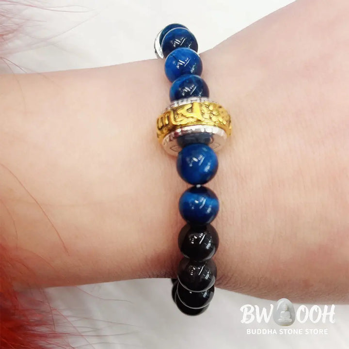 Buddha Stones Silver Sheen Obsidian Blue Tiger Eye Om Mani Padme Hum Protection Bracelet - BWOOOH - Silver Sheen