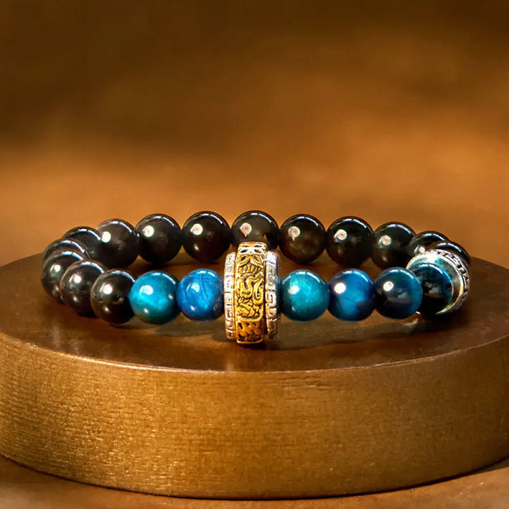 BWOOOH Silver Sheen Obsidian Blue Tiger Eye Om Mani Padme Hum Protection Bracelet - BWOOOH - Silver Sheen