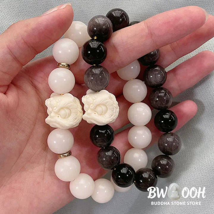 Buddha Stones Silver Sheen Obsidian Bodhi Seed Ivory Fruit Dancing Lion Protection Bracelet - BWOOOH - Bracelet