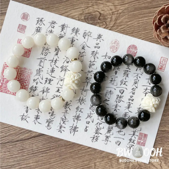 Buddha Stones Silver Sheen Obsidian Bodhi Seed Ivory Fruit Dancing Lion Protection Bracelet - BWOOOH - Bracelet
