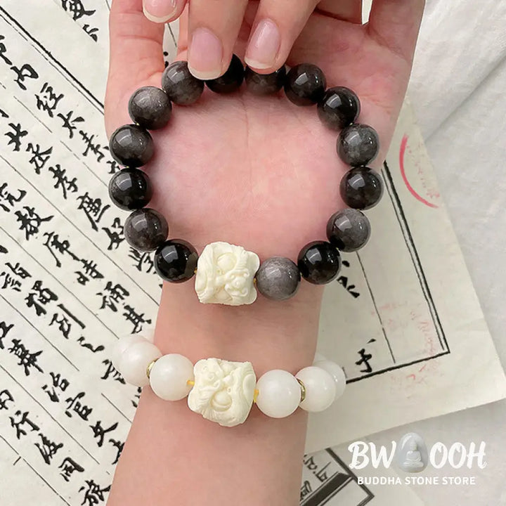 Buddha Stones Silver Sheen Obsidian Bodhi Seed Ivory Fruit Dancing Lion Protection Bracelet - BWOOOH - Bracelet