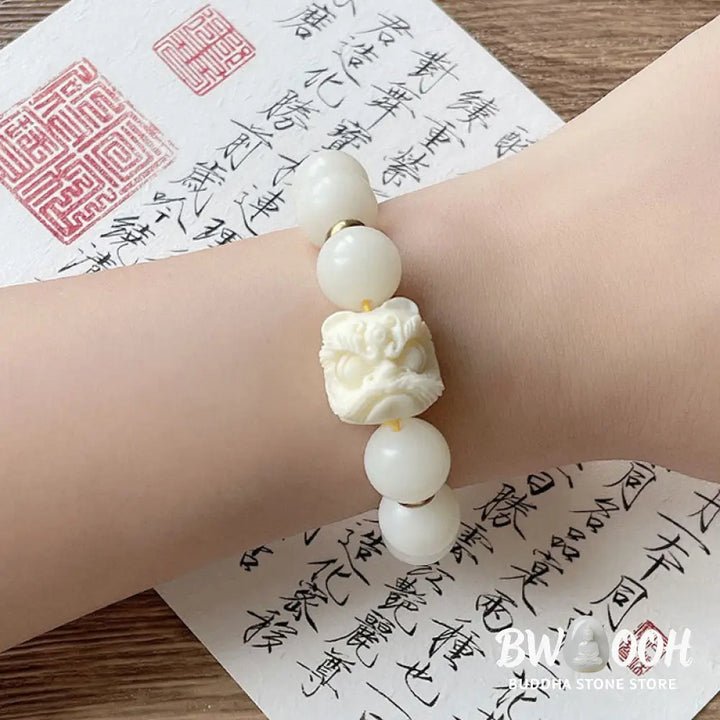 Buddha Stones Silver Sheen Obsidian Bodhi Seed Ivory Fruit Dancing Lion Protection Bracelet - BWOOOH - Bracelet