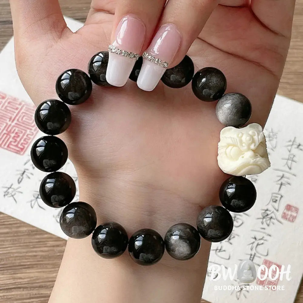 Buddha Stones Silver Sheen Obsidian Bodhi Seed Ivory Fruit Dancing Lion Protection Bracelet - BWOOOH - Bracelet