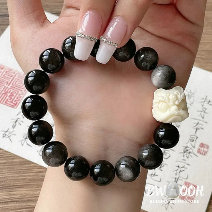 Buddha Stones Silver Sheen Obsidian Bodhi Seed Ivory Fruit Dancing Lion Protection Bracelet - BWOOOH - Bracelet