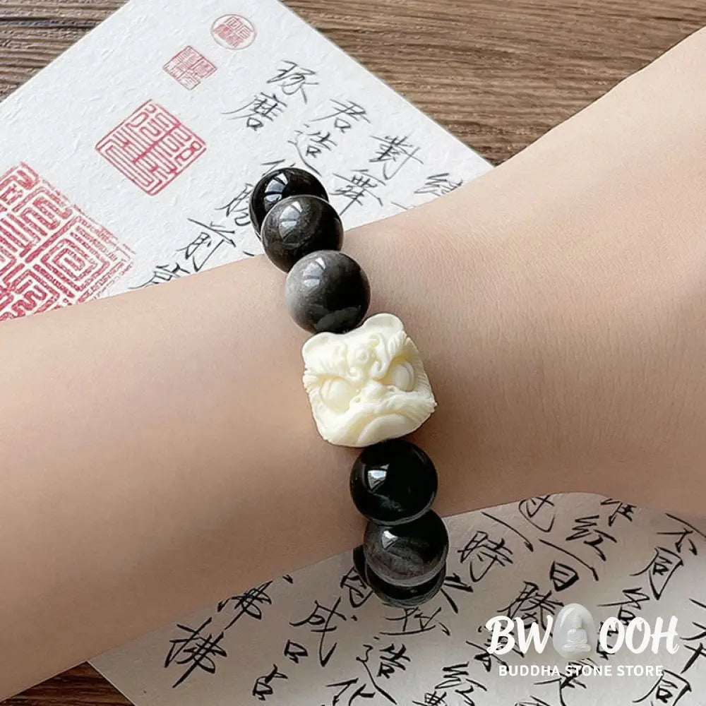 Buddha Stones Silver Sheen Obsidian Bodhi Seed Ivory Fruit Dancing Lion Protection Bracelet - BWOOOH - Bracelet