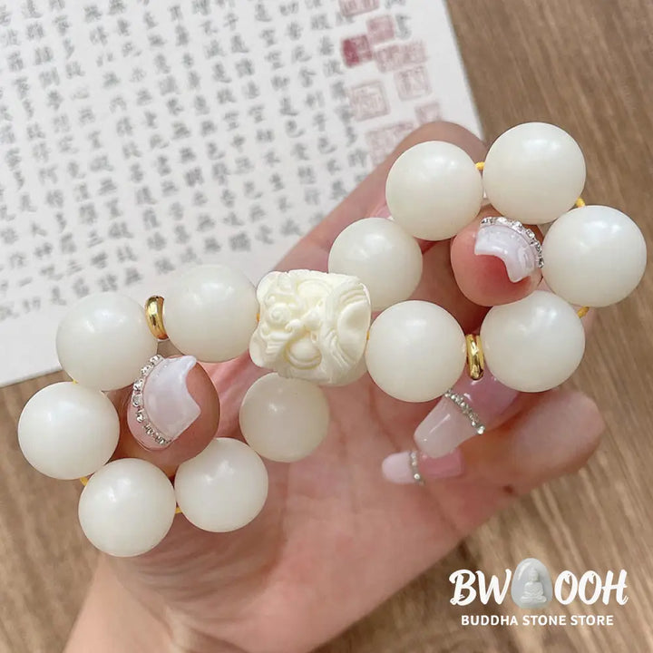 Buddha Stones Silver Sheen Obsidian Bodhi Seed Ivory Fruit Dancing Lion Protection Bracelet - BWOOOH - Bracelet