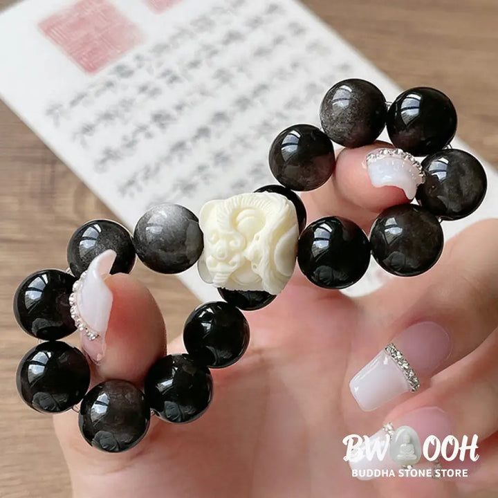 Buddha Stones Silver Sheen Obsidian Bodhi Seed Ivory Fruit Dancing Lion Protection Bracelet - BWOOOH - Bracelet