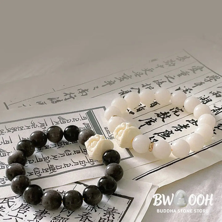 Buddha Stones Silver Sheen Obsidian Bodhi Seed Ivory Fruit Dancing Lion Protection Bracelet - BWOOOH - Bracelet