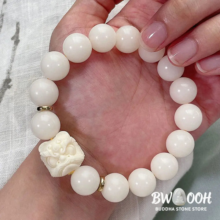 Buddha Stones Silver Sheen Obsidian Bodhi Seed Ivory Fruit Dancing Lion Protection Bracelet - BWOOOH - Bracelet