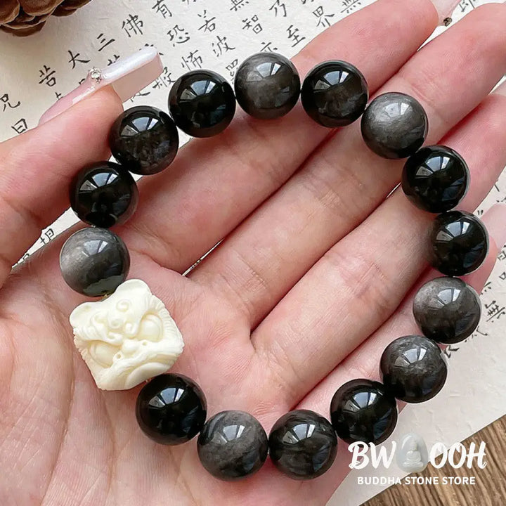 Buddha Stones Silver Sheen Obsidian Bodhi Seed Ivory Fruit Dancing Lion Protection Bracelet - BWOOOH - Bracelet