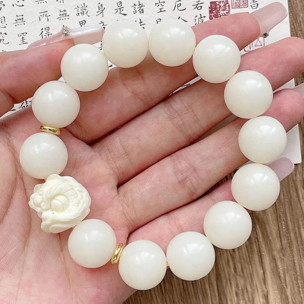 Buddha Stones Silver Sheen Obsidian Bodhi Seed Ivory Fruit Dancing Lion Protection Bracelet - BWOOOH - Bodhi