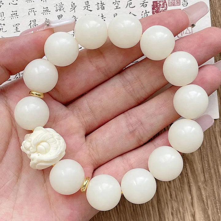 Buddha Stones Silver Sheen Obsidian Bodhi Seed Ivory Fruit Dancing Lion Protection Bracelet - BWOOOH - Bodhi