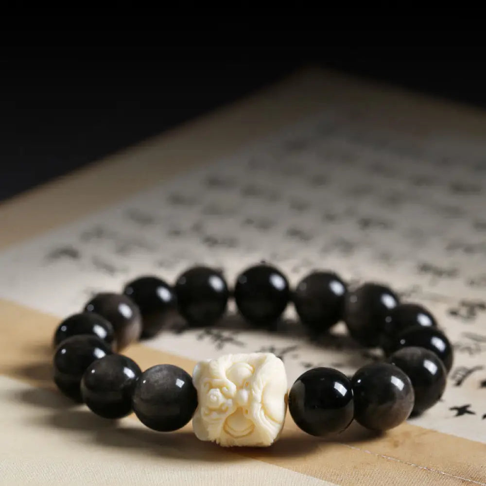 BWOOOH Silver Sheen Obsidian Bodhi Seed Ivory Fruit Dancing Lion Protection Bracelet - BWOOOH - Silver Sheen