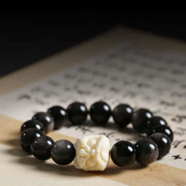 BWOOOH Silver Sheen Obsidian Bodhi Seed Ivory Fruit Dancing Lion Protection Bracelet - BWOOOH - Silver Sheen
